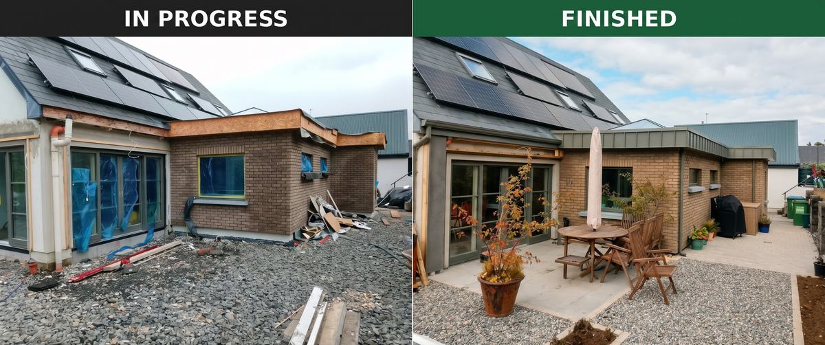 Single-storey brick extension in progress on the left and finished with zinc fascia and patio on the right