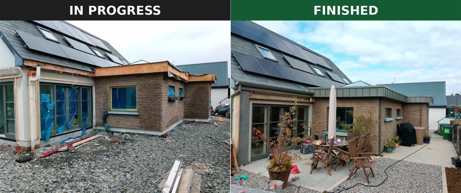 Single-storey brick extension in progress on the left, finished with standing-seam zinc fascia and a patio on the right