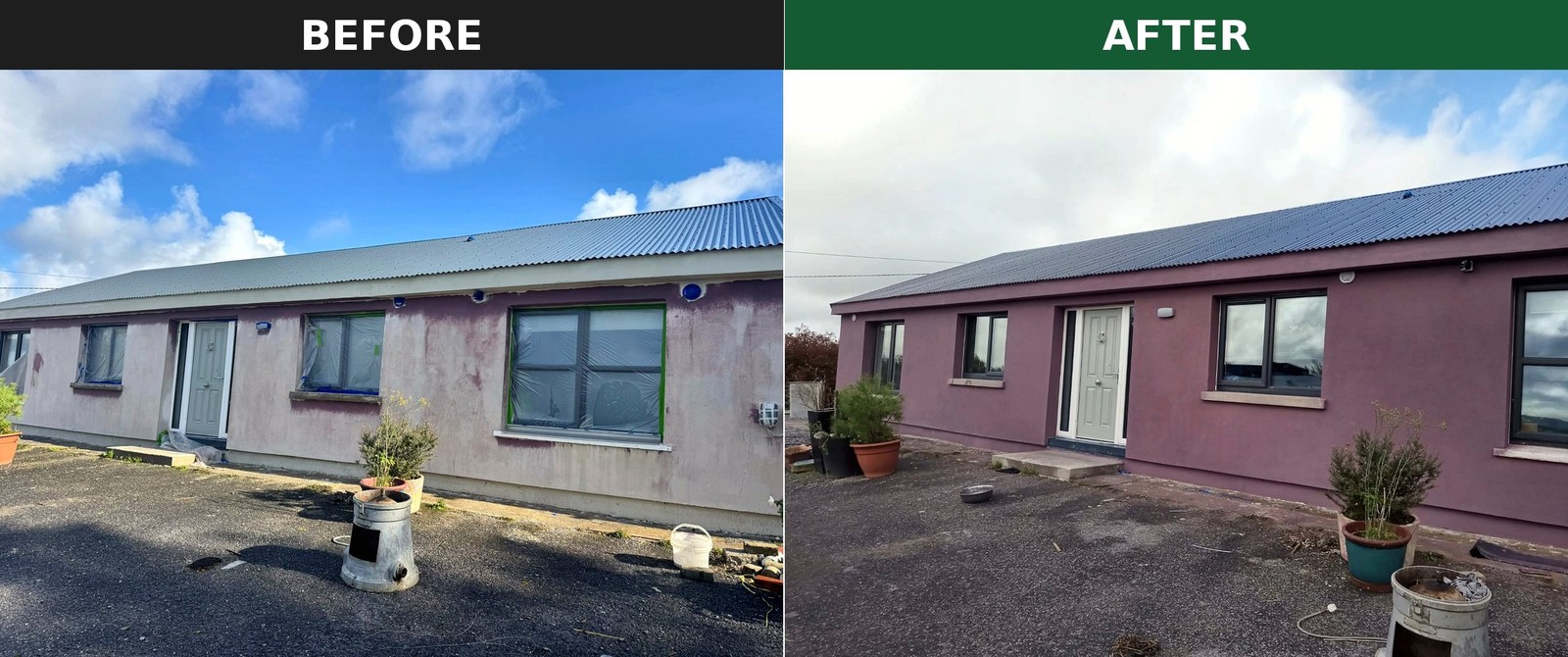 Single-storey bungalow before and after: tired, stained render on the left, freshly rendered walls on the right
