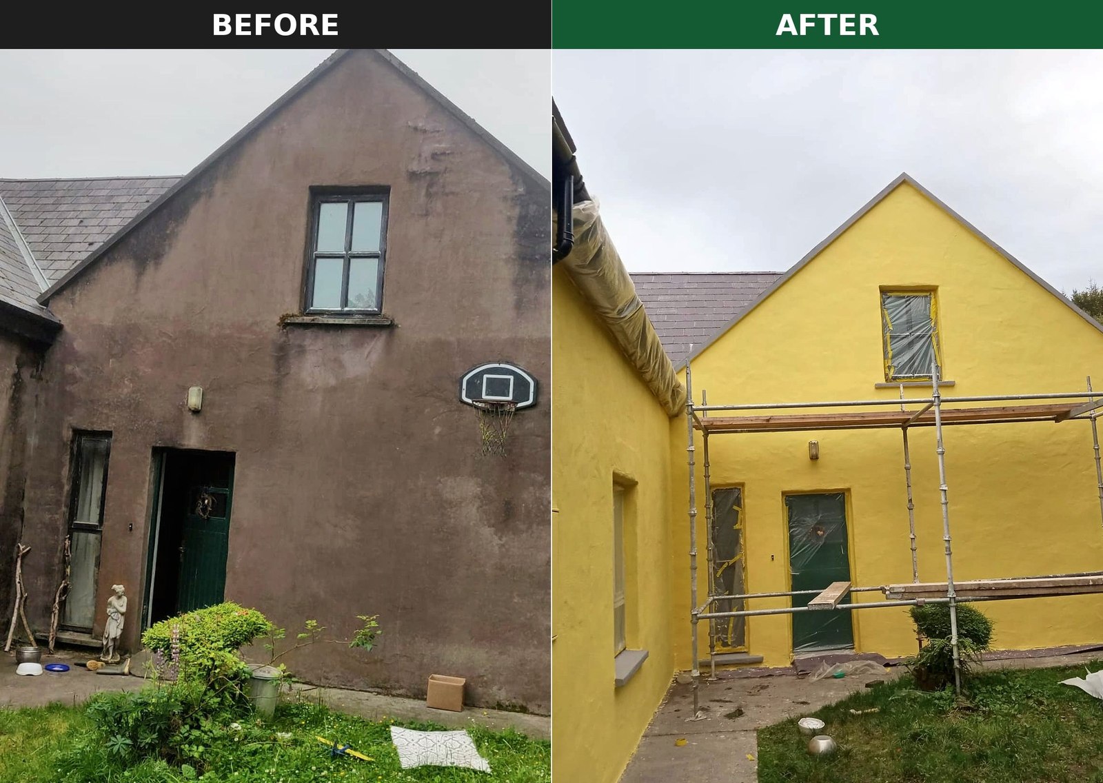 Two-storey gable before and after: dark brown walls on the left, re-rendered yellow on the right